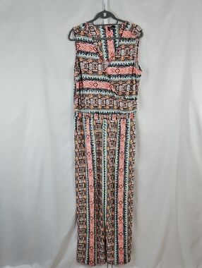 New Directions Coral, Black & Teal Print Wide Leg Jumpsuit Sz XL